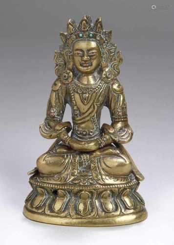 Bronze-Buddha, Tibet oder China, 17./18. Jh., auf Doppellotossockel vollplastischeDarstellung in