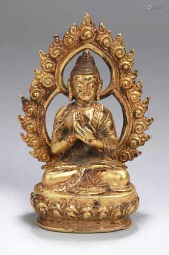 Bronze-Buddha, Tibet, 16./17. Jh., auf Lotossockel vollplastische Darstellung inmeditierender