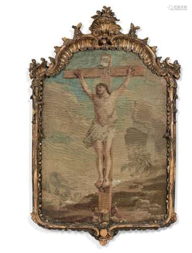 TAPISSERIE AU PETIT POINT Figurant une crucifixion…