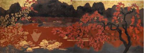 Le Quoc Noc (1918-1987).Diptyque en laque rouge, brun, argent et rehauts d’or. Le décor représente un village de pêcheurs sur les…