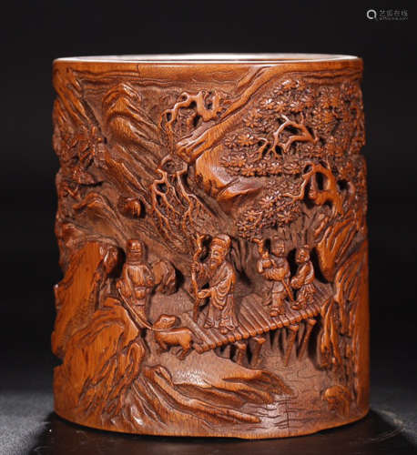 A BAMBOO CHARACTER STORY CARVED BRUSH HOLDER