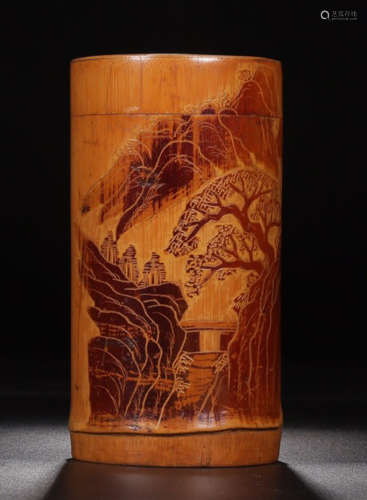 A LANDSCAPE CARVED BAMBOO TEA  JAR