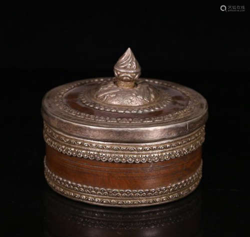 A SILVER  WRAPPED BAMBOO ROUND BOX