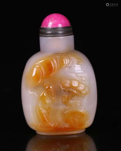 A CHARACTER STORY CARVED AGATE SNUFF BOTTLE