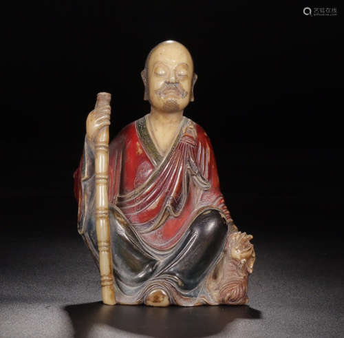 A SHOUSHAN STONE COLOR PAINTED ARHAT BUDDHA
