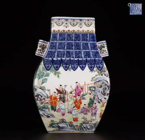 A QIANLONG MARK FAMILLE ROSE BABIES PATTERN SQUARE VASE WITH EARS