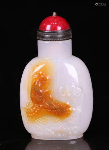 A CHARACTER STORY CARVED AGATE SNUFF BOTTLE