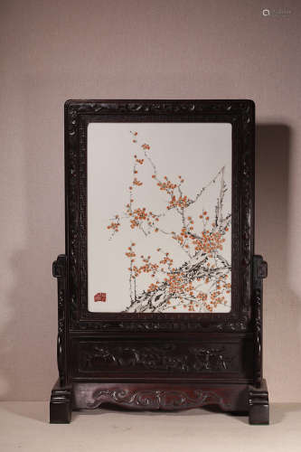 A RED PLUM FLOWER PAINTED PORCELAIN SCREEN