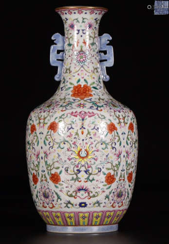 A QIANLONG MARK FAMILLE ROSE 'BAOXIANG'FLOWER PATTERN VASE WITH TWO DRAGON SHAPED EARS