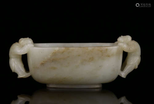 A HETIAN JADE CUP WITH TWO VIRGIN SHAPED EARS