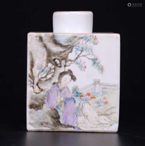 A FAMILLE ROSE CHARACTER STORY PAINTED SQUARE TEA JAR