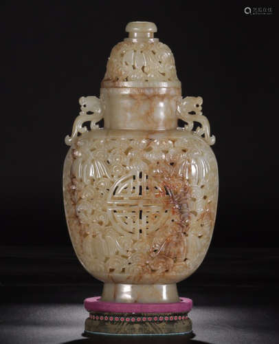 A DRAGON SHAPED EAR- HALLOW AUSPICIOUS PATTERN CARVED HETIAN JADE VASE