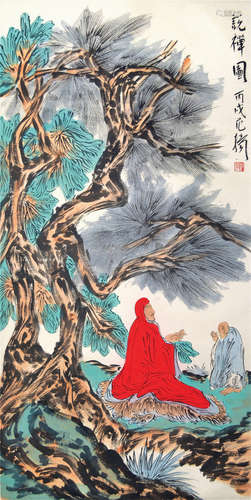 CHINESE SCROLL PAINTING OF SEATED LOHAN UNDER TREE