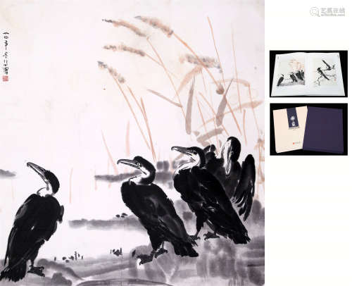 CHINESE SCROLL PAINTING OF DUCKS BY RIVER WITH PUBLICATION