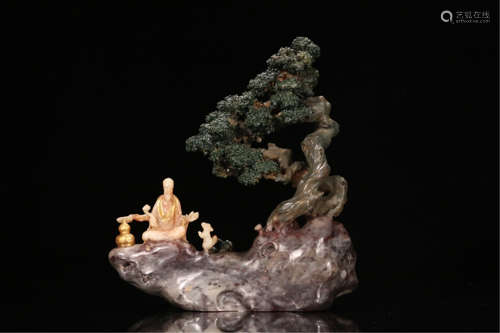 CHINESE COLOR PAINTED SOAPSTONE MEN UNDER PINE SCHOLAR'S ROCK