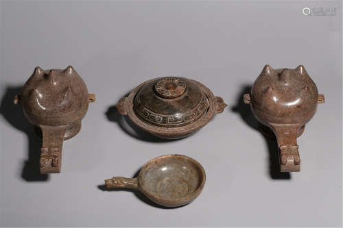 FIVE CHINESE JADE LIDDED CENSERS