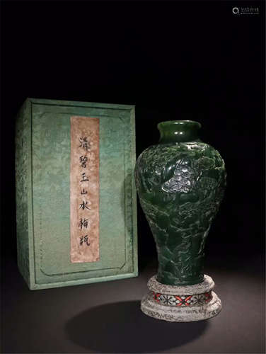 CHINESE SPINACH JADE CARVED MEIPING VASE