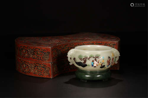 CHINESE GEM STONE INLAID CELADON JADE BRUSH WASHER IN LACQUER CASE