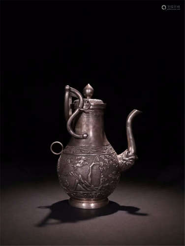 CHINESE SILVER ENGRAVED FLOWER KETTLE