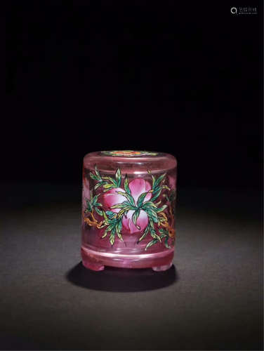 CHINESE PINK PEKING GLASS ARCHER'S RING IN CASE