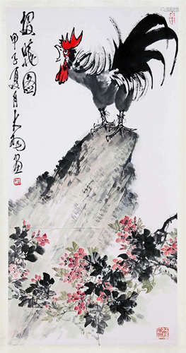 CHINESE SCROLL PAINTING OF ROOSTER ON ROCK