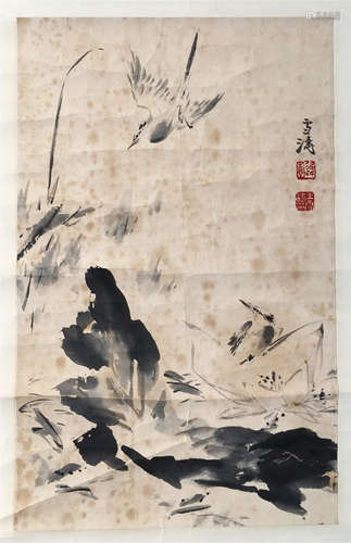 CHINESE SCROLL PAINTING OF BIRD AND LOTUS