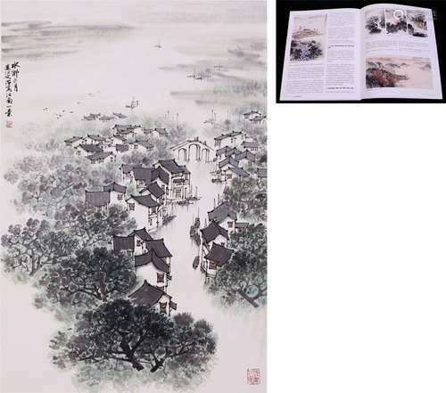 CHINESE SCROLL PAINTING OF RIVER VIEWS WITH PUBLICATION