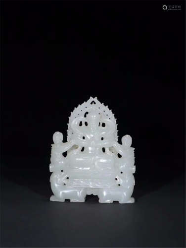 CHINESE WHITE JADE SEATED GUANYIN WITH BOYS