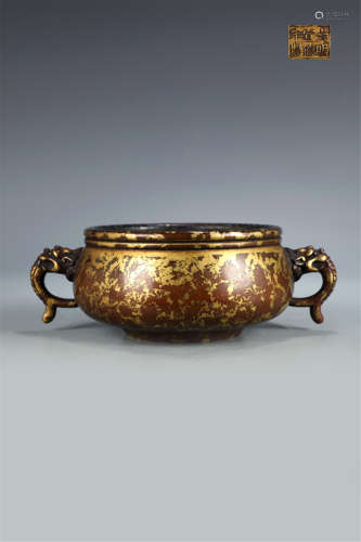 CHINESE GILT BRONZE DRAGON HANDLE ROUND CENSER