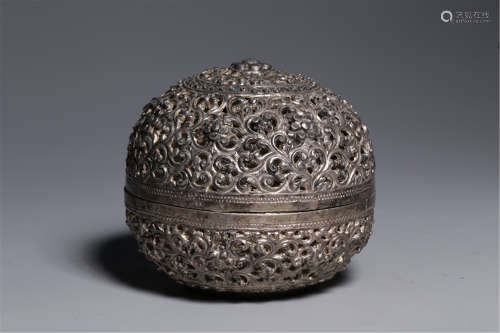 CHINESE SILVER PIERCED CARVED INCENSE CAGE