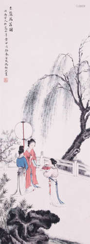 CHINESE SCROLL PAINTING OF BEAUTIES IN GARDEN