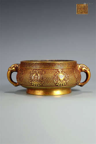 CHINESE GILT BRONZE ELEPHANT TRUNK HANDLE ROUND CENSER