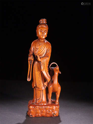 CHINESE BOXWOOD STANDING BEAUTY WITH DEER TABLE ITEM