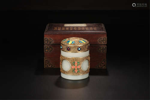 CHINESE GILT BRONZE ENAMEL JADE LIDDED CYLINDERIAL BOX