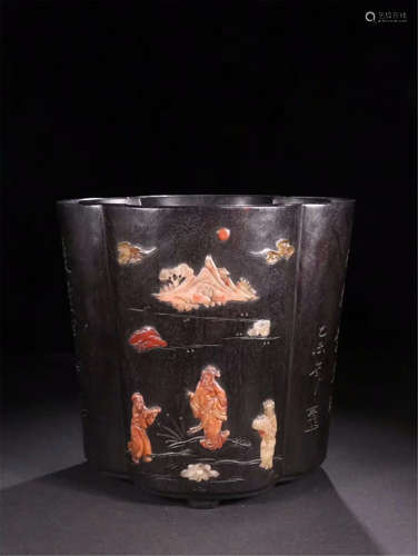 CHINESE SOAPSTONE INLAID ZITAN BRUSH POT