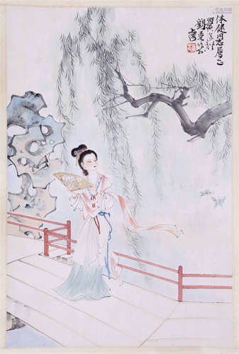 CHINESE SCROLL PAINTING OF BEAUTY IN GARDEN