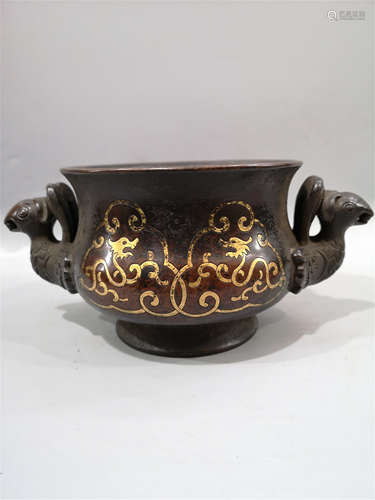 CHINESE GOLD PAINTED BRONZE PHOENIX HANDLE CENSER