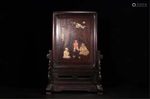 CHINESE SOAPSTONE INLAID HARDWOOD ZITAN TABLE SCREEN