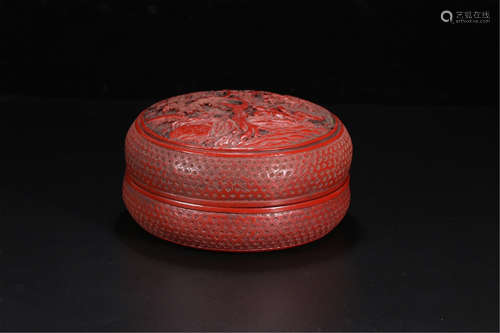 CHINESE CINNABAR MEN IN MOUNTAIN ROUND BOX