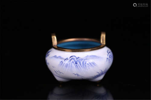 CHINESE BLUE PAINTED ENAMEL TRIPLE FEET ROUND CENSER