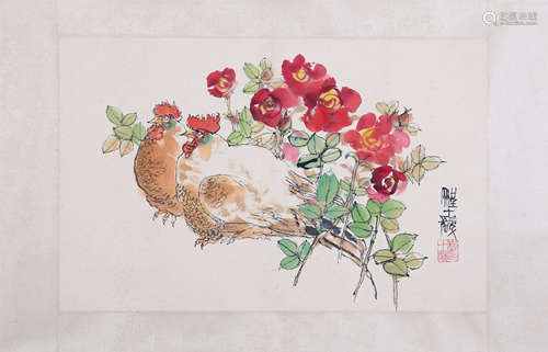 CHINESE SCROLL PAINTING OF CHICKEN AND FLOWER