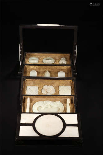 CHINESE WHITE JADE CARVINGS IN ZITAN TREASURE CASE