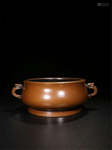 CHINESE BRONZE HANDLED ROUND CENSER