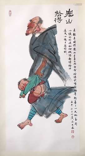 CHINESE SCROLL PAINTING OF LOHAN WITH BOY