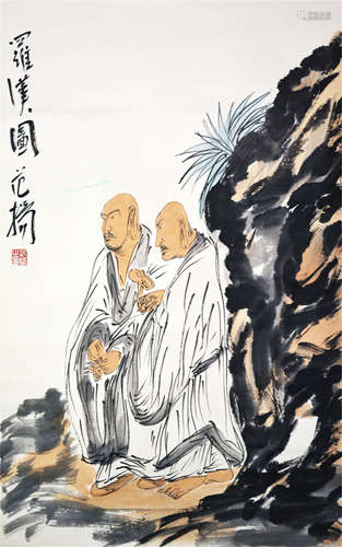 CHINESE SCROLL PAINTING OF TWO LOHANS