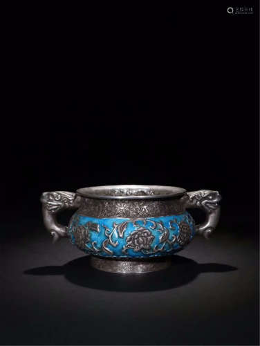 CHINESE PURE SILVER ENAMEL ROUND CENSER