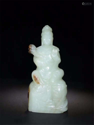 CHINESE CELADON JADE SEATED GUANYIN ON ELEPHANT