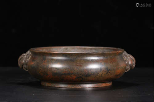 CHINESE BRONZE LION HEAD HANDLE ROUND CENSER