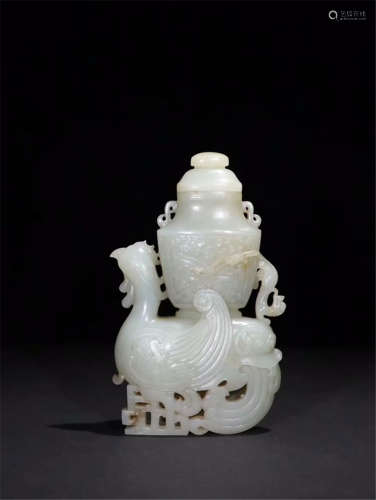 CHINESE WHITE JADE PEOENIX WITH VASE TABLE ITEM