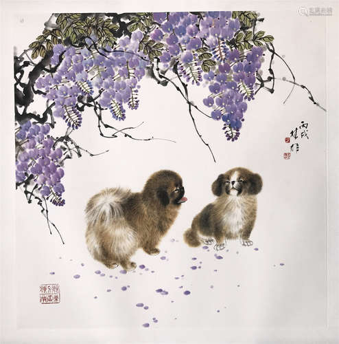 CHINESE SCROLL PAINTING OF PUPPY AND GRAPE